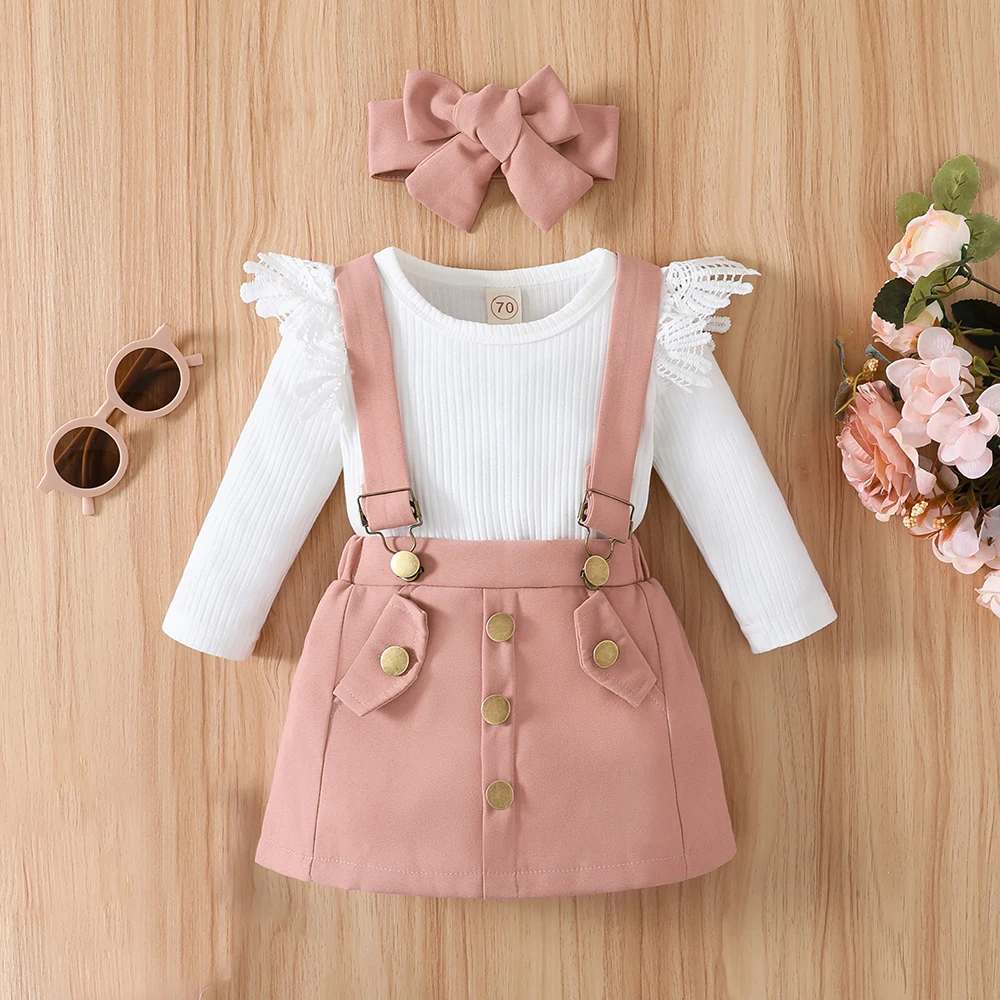 LAPA 0-12M Baby Girls Lovely Skirt Suit Infant Long Sleeve Romper +Suspender Skirt + Headband 3pcs Set Spring New Toddler Outfit