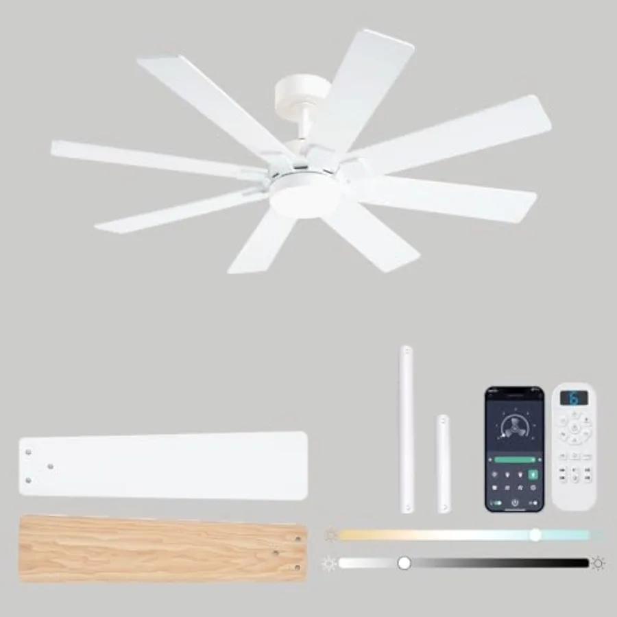 48 Inch Ceiling Fans with Lights and Remote/APP Control Low Profile Ceiling Fan 8 Blades LED Dimmable Reversible DC Motor Noise