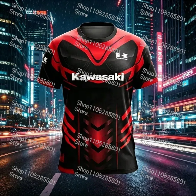 Kawasaki Themed Fashion Printed Short-sleeve T-shirt Trendy Sporty Casual Top for Motorcycle Enthusiasts view 3