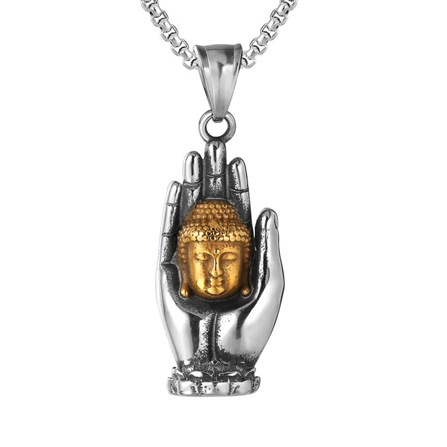 Stainless Steel Titanium Buddha Palm Buddhism Vintage Boho Punk Hip Hop Pendant Collar Chains Necklace for Men Women Gift