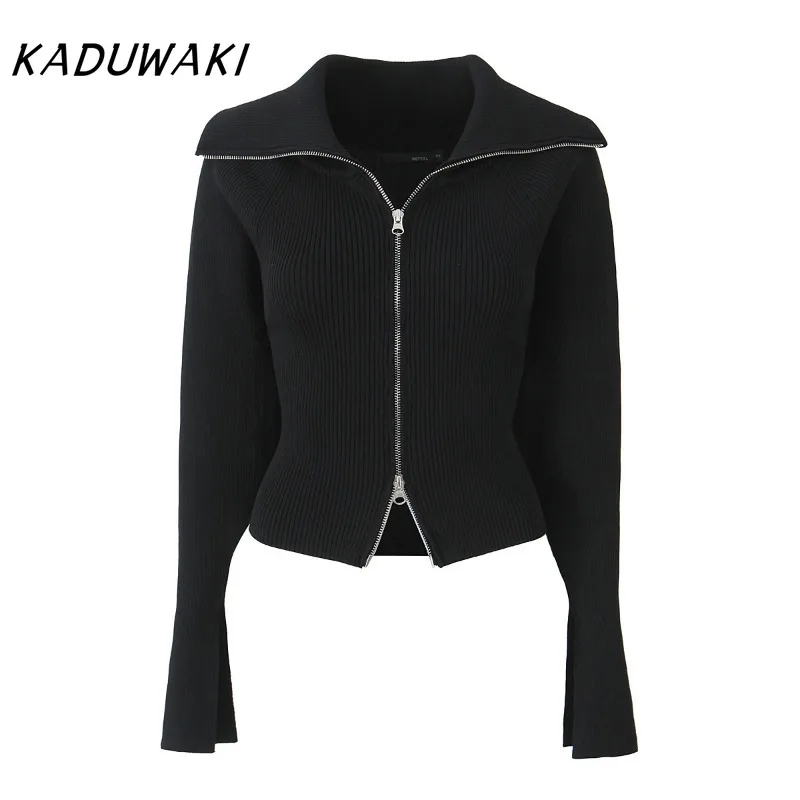 KADUWAK Fashion Retro V-neck Sleeveless Lady Style Knit Sweater Sexy Wooden Earring Tie Slim Streetwear Knitted Sweater 여성 반팔 니트