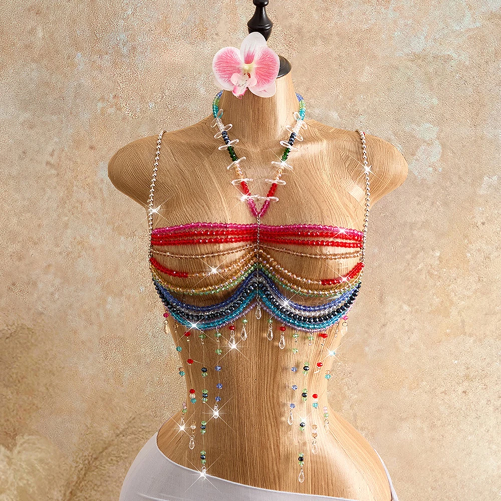 New Gradient Bead Integrated Body Chain, Multi-Layer Tassel Crystal Neck Hanging Bead Vest, Music Festival Party Chest Accessory
