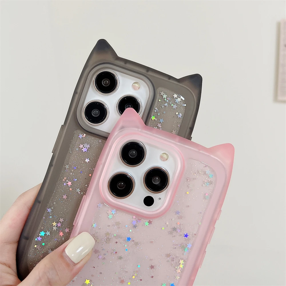 Cute Cartoon Glitter Cat Ear Case For iPhone 14 15 Plus 12 11 13 Pro Max Luxury Silicone Glue Drip Transparent  Pear Back Cover - Image 3