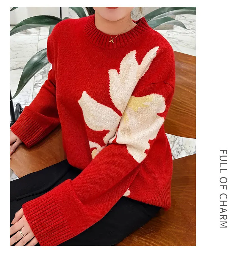 

2024 Autumn and Winter Explosive Spring Flower Series Round Neck Jumper Women's Casual Loose Version of Knitted Top