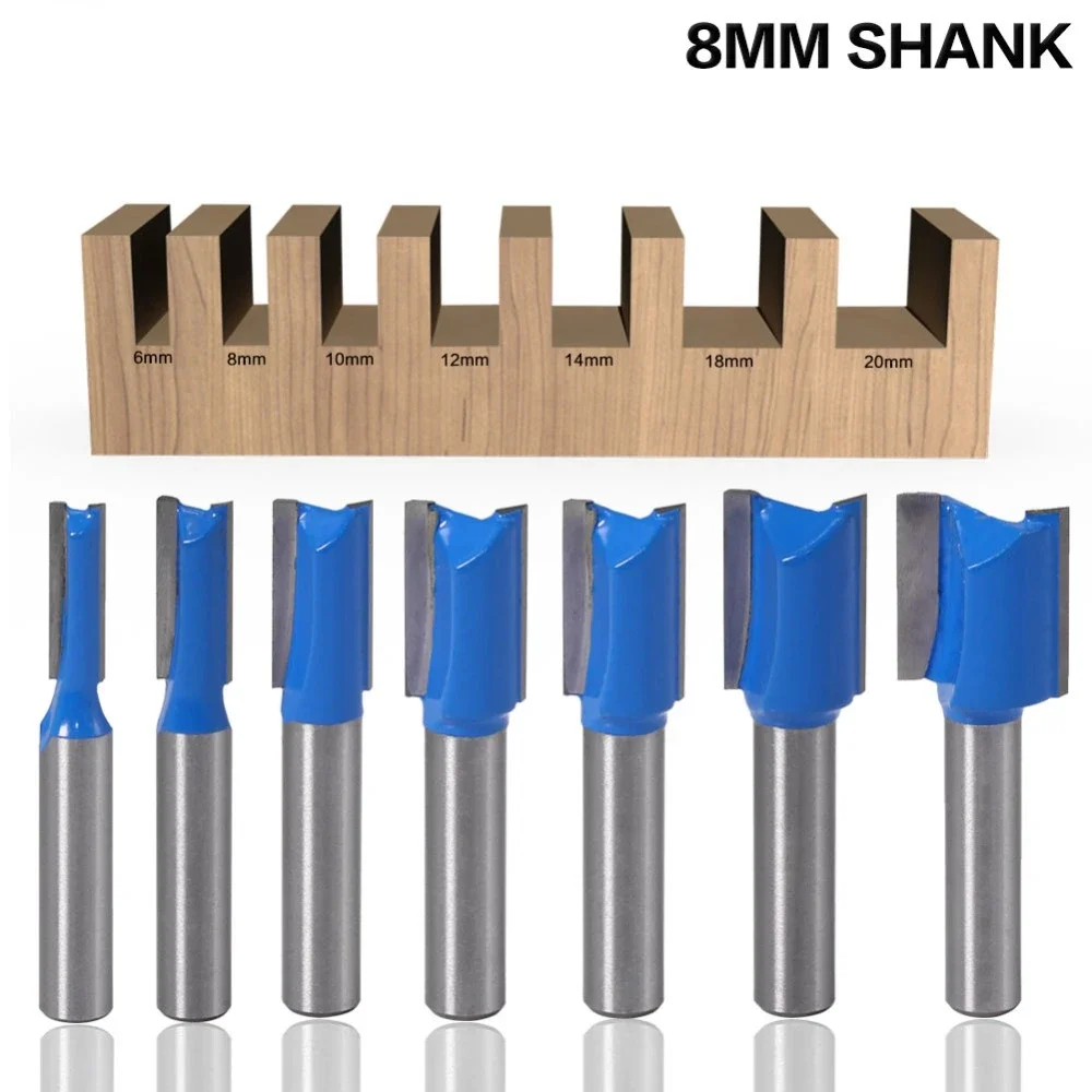 Slotting Straight Router Bit Set 8mm Shank Double-edged Carpenter Milling Cutter for Wood 6-20mm Cutting Dia Woodworking Tools