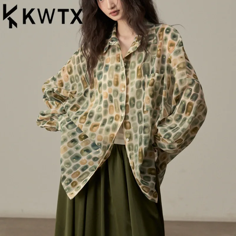

KWTX 2025 Spring Summer Women’s Green Watercolor Block Print Blouse Casual Vintage Lightweight Luxury Designer Fashion Shirt