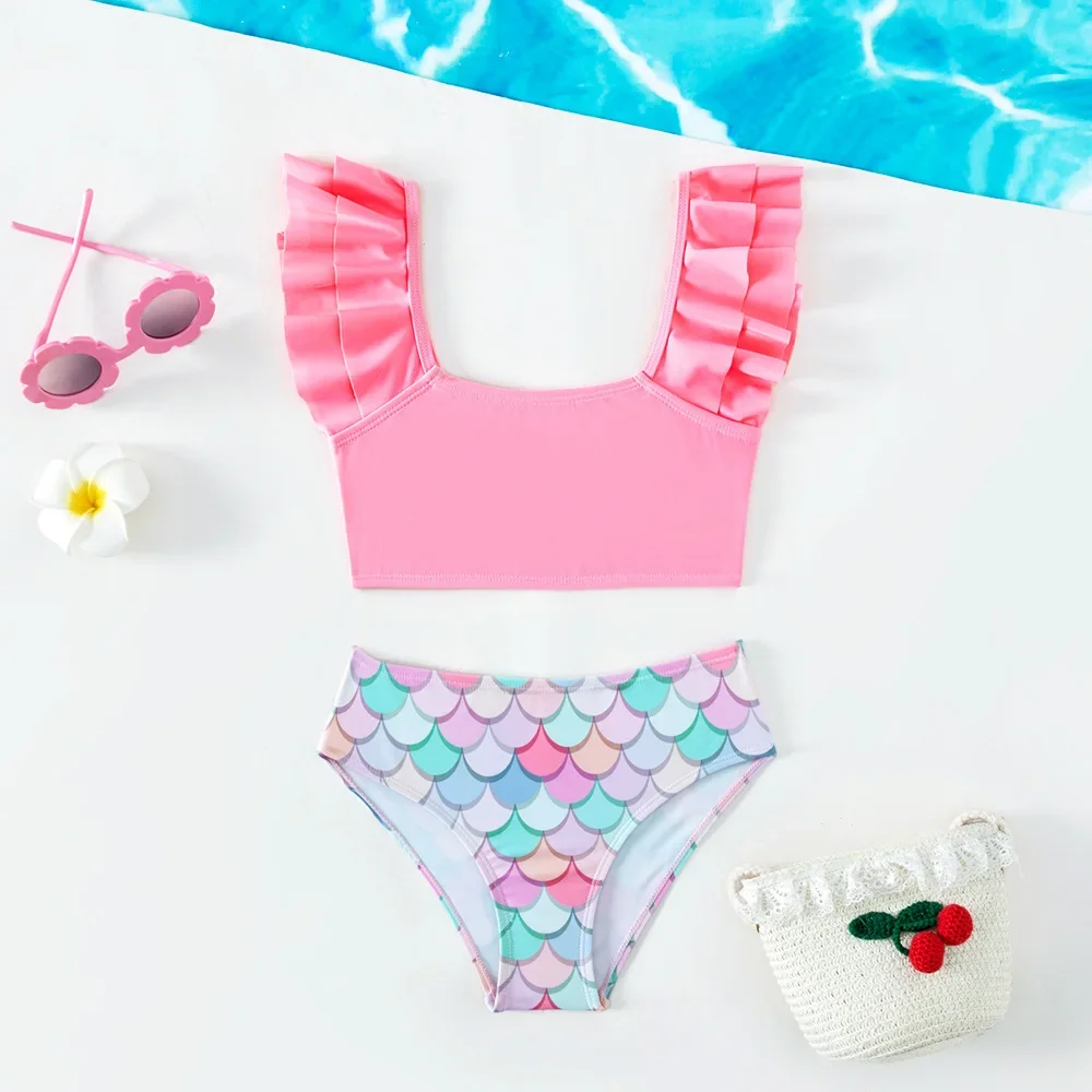 

Girls Hot Springs Pink Bikini Sets Swimwears Two Piece Fish Scale Printed Swimsuit for Girls Bathing Suits Beach Wear 5-14 Years