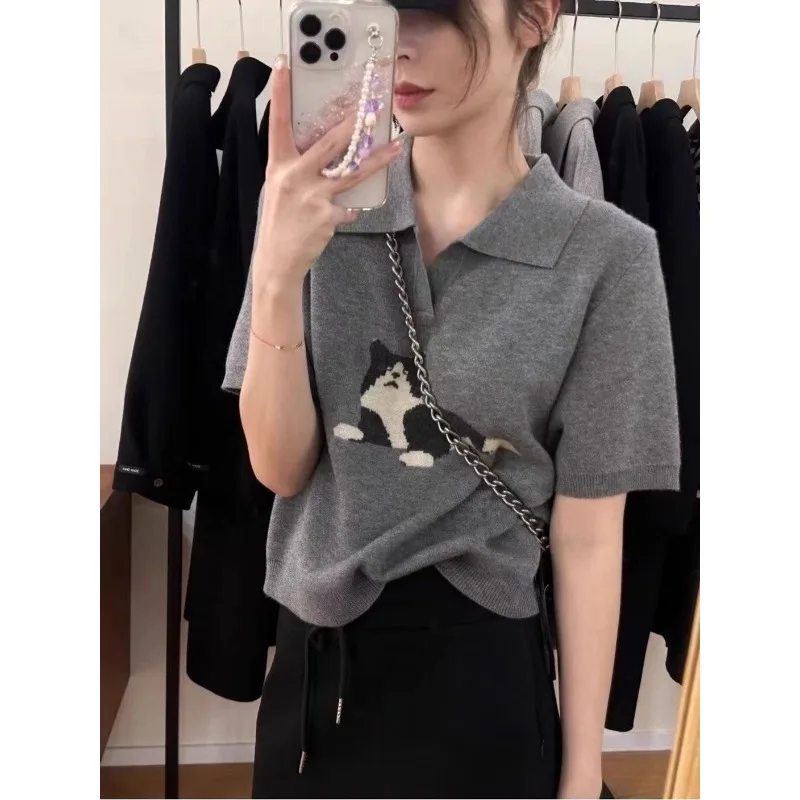 Tops T-shirt Women's Summer Polo Neck Knit Designer Slimming Cropped Retro Short Sleeves Jacquard New Comfortable Casual Niche