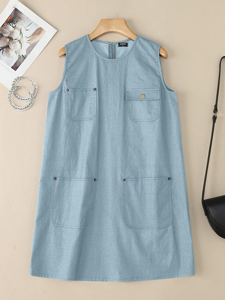 

2025 VONDA Elegant Women Sleeveless Mini Dress Summer Pockets Casual Solid Party Sundress Fashion Buttons Loose Korean Vestidos