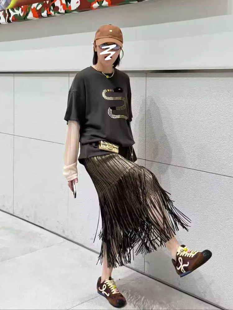 High Waist A-Line  Skirt with Heavy Embellishment Pleated Half Body Skirt for Women Commute Style Polyester Fabric