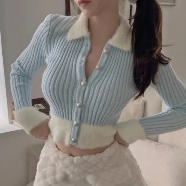 Chic Autumn Winter ort Sve Long Knitted Sweater Splice Single Button Sexy Girl Slim Fit Casual Sle Polyester Fiber