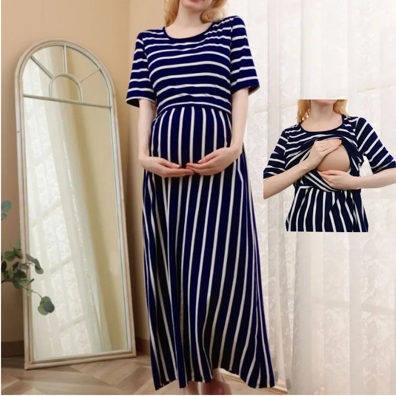 

Maternity Dress with Hidden Nursing Access 2025 Fashion Striped Pregnancy Gown, European Inspired Comfortable Breastfeeding Wear