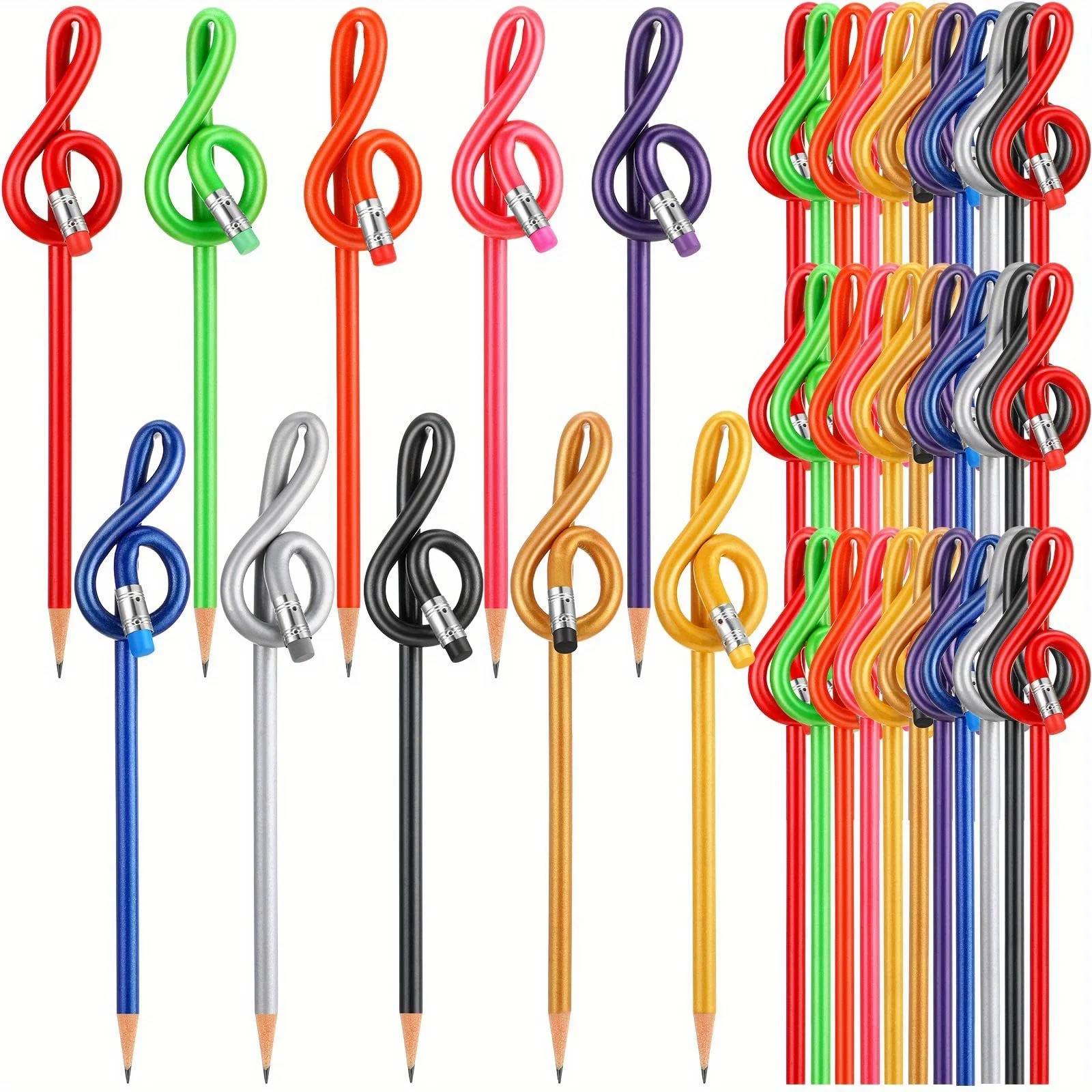 30er-Pack Musik-Bleistifte, bunte Musiknoten, Stifte, Lehrertag, Höhen, G-Schlüssel, gebogener Bleistift mit Radiergummi, Chorgeschenke