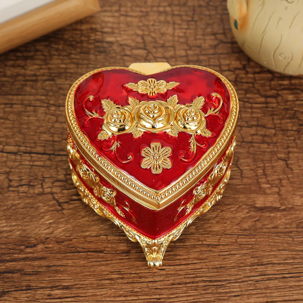 Classic Metal Jewelry Case with Rose Pattern Jewelry Storage Box for Ring Earrings Heart Shape Trinket Organizer Box