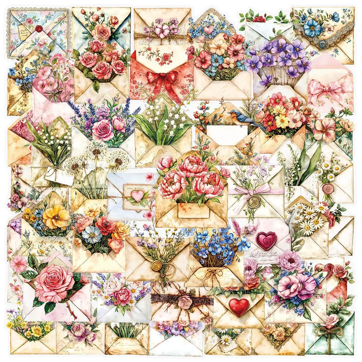 

50PCS Vintage Flower Envelope Stickers Floral Letter Retro Style DIY Decorative Water Cup Laptop Waterproof Sticker Kids Toy