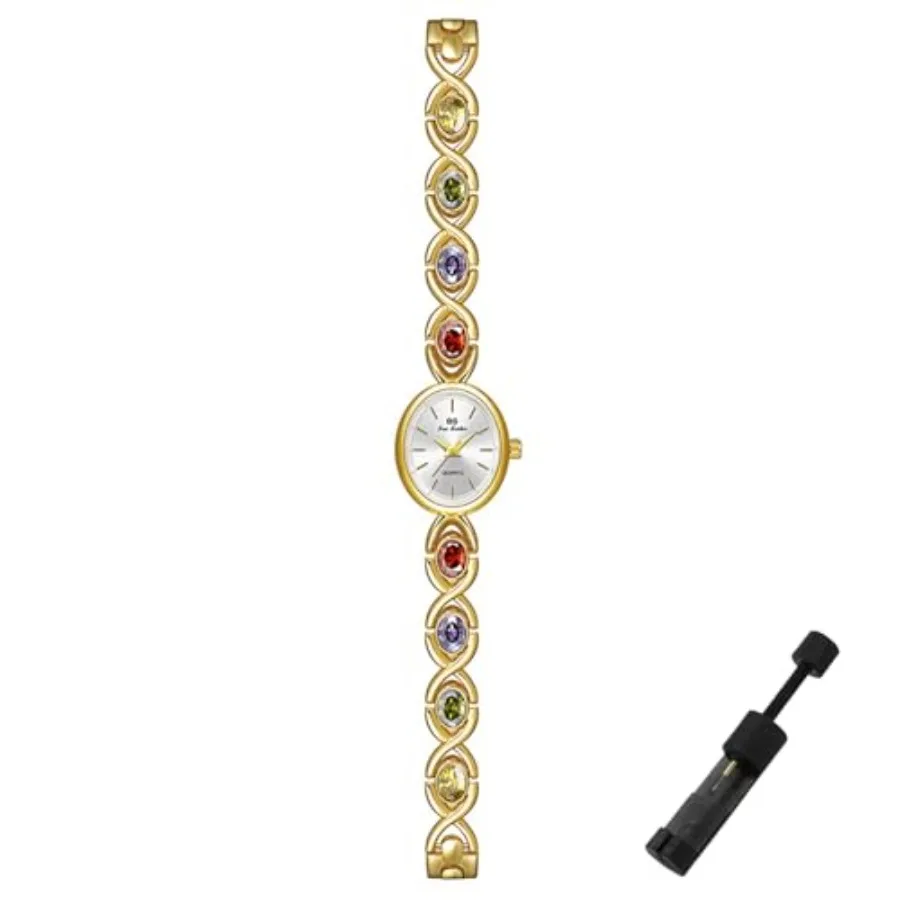 

Dainty Colorful Crystal Bracelet Watch for Women Waterproof Quartz Wristwatch Vintage Small Oval Dial Dress Watches