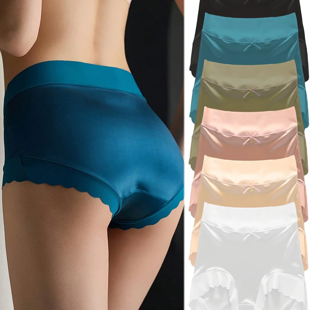 6pcs Women's Seamless Luxury Satin Briefs Mid-Waist Ruffle Mulberry Silk Butt-Lifting Panties Skin-Friendly Crotch, Sexy, Stretchy UnderWear for Women Plus Size