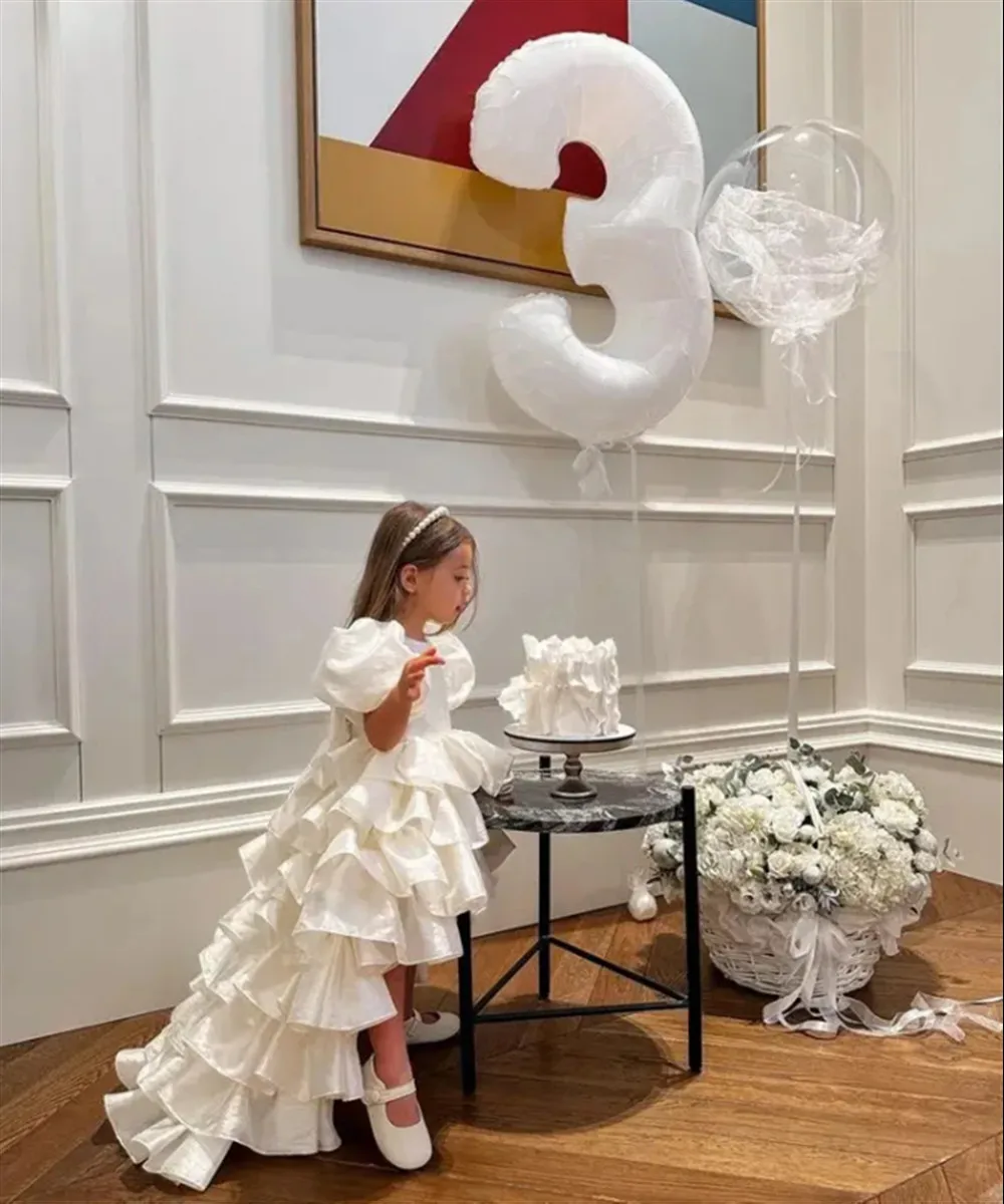 

White Flower Girl Wedding Dress Satin With Bow Tiered Puffy Princess Birthday Party Pageant Dress Kids First Communion Gown