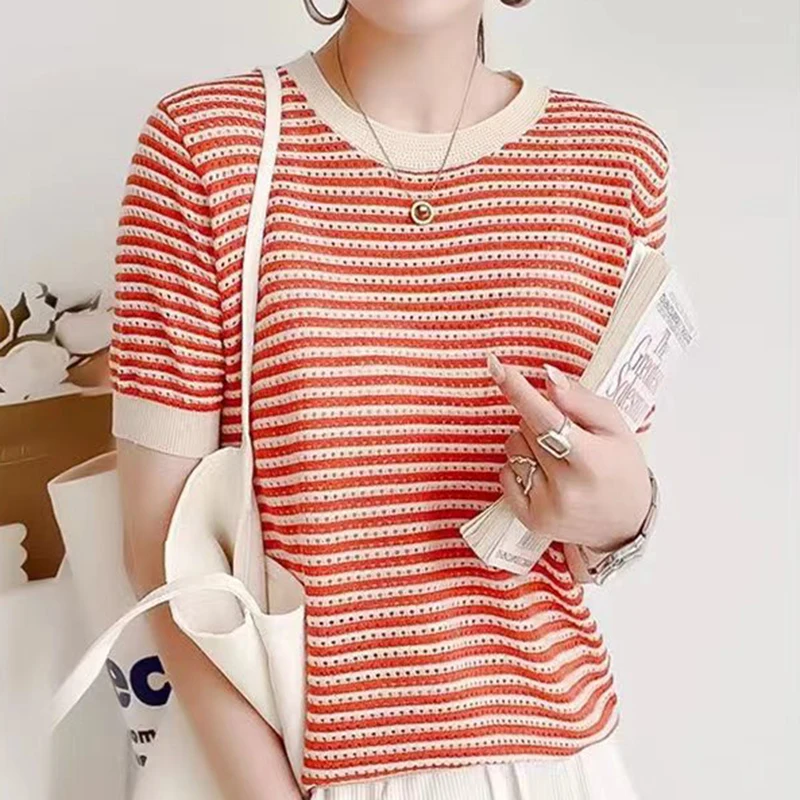 

Hollow Out Knitwear T Shirt Women Striped O Neck Tshirt Female Pullover Loose Thin Short Sleeve Tops 2023 Summer Tee Shirt Femme