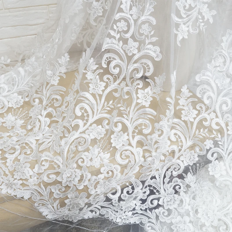 1 Yard Ivory Flowers Applique Embroidery Lace Fabric Nylon tulle Lux Fabric for DIY Sewing Wedding Dress Bridal Gown Supply