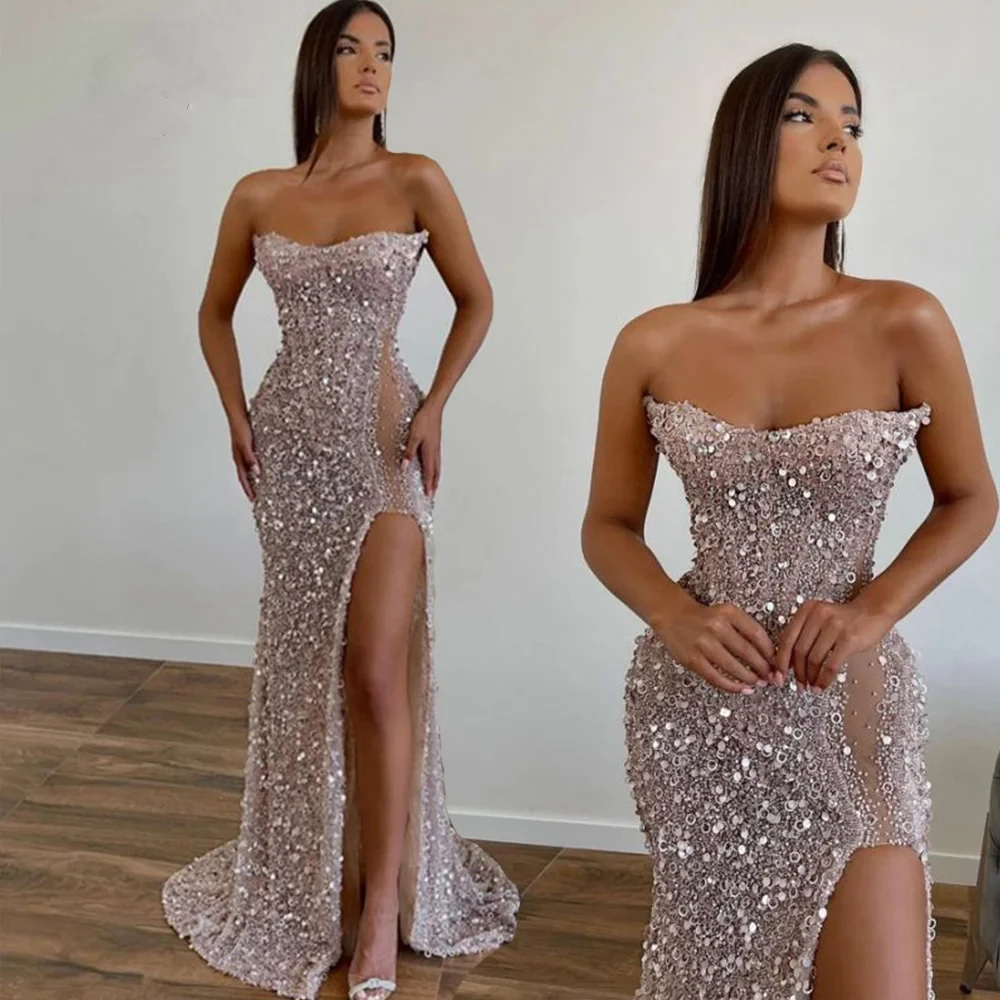 Sparkly Sequined Evening Dresses For Women High Split Strapless Mermaid Beaded Formal Occasion Party Prom Gowns Vestidos De Gala