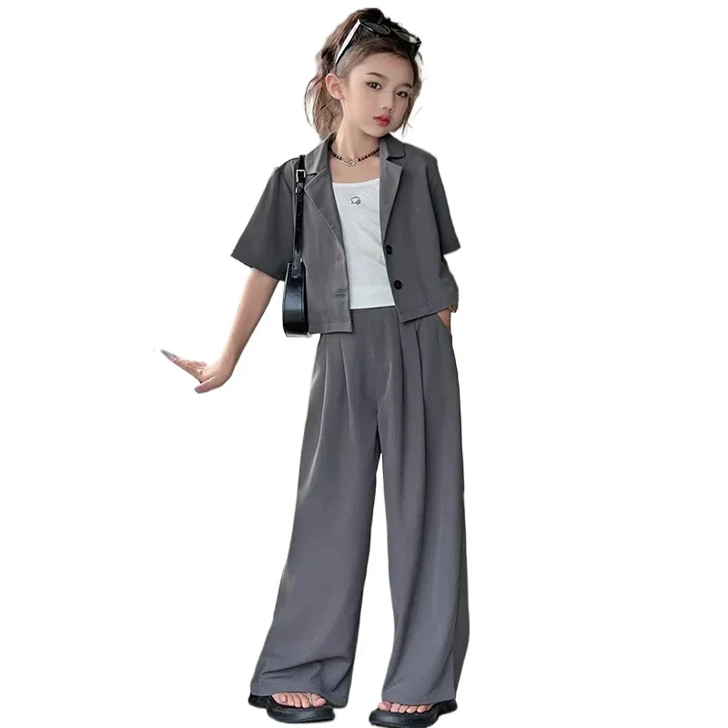 Summer Girls' Suit Teenager Children's Fashion Suit Casual Short Suit Pants Wide Leg Pants 2 Piece Solid Colour Jacket