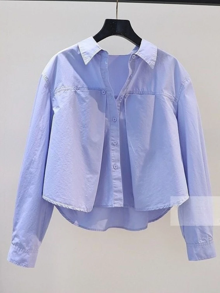 

Fashion All Match Blouses Solid Color Patchwork Crop Tops Turn Down Collar Long Sleeve Shirts Spring Casual Loose Women Clothing