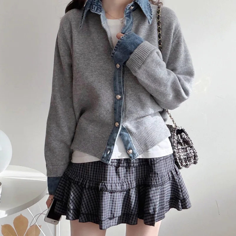 Women's Knitted Sweater Autumn Winter Chic Denim Patchwork Slimming High-End Lazy Sle Open-Front Knitwear Top