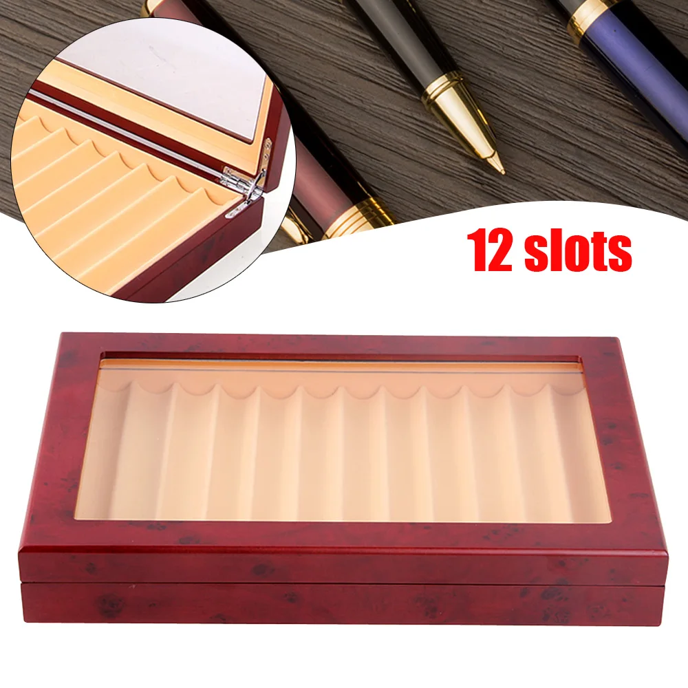 

12 Grid Pen Case Storage Anti Dust Scratch Proof Wooden Holder Visible Travel Wear Resistant Rectangle Student Gift Display Box