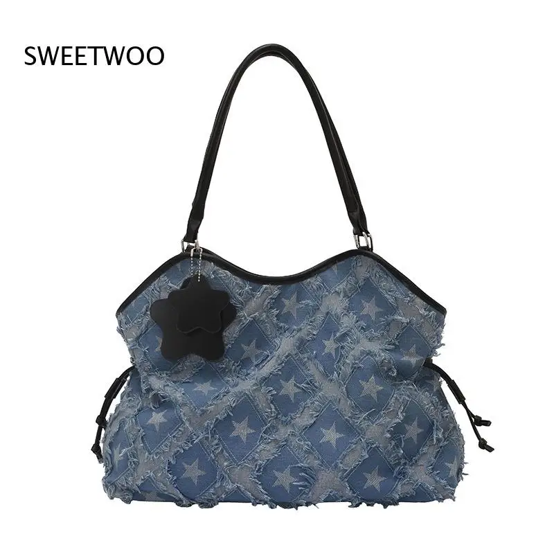 2026 Vintage Star Denim Canvas Underarm Tote Bag Drawstring Design Large Capacity Single Shoulder Purse view 4