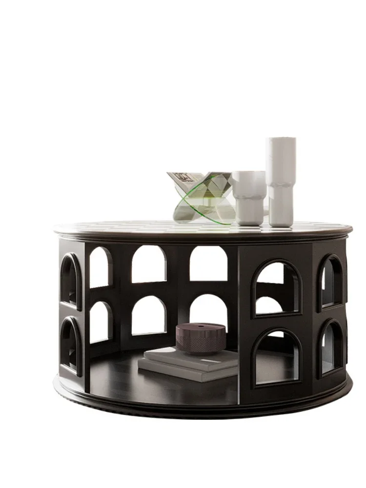 

French retro black Roman round coffee table solid wood living room coffee table