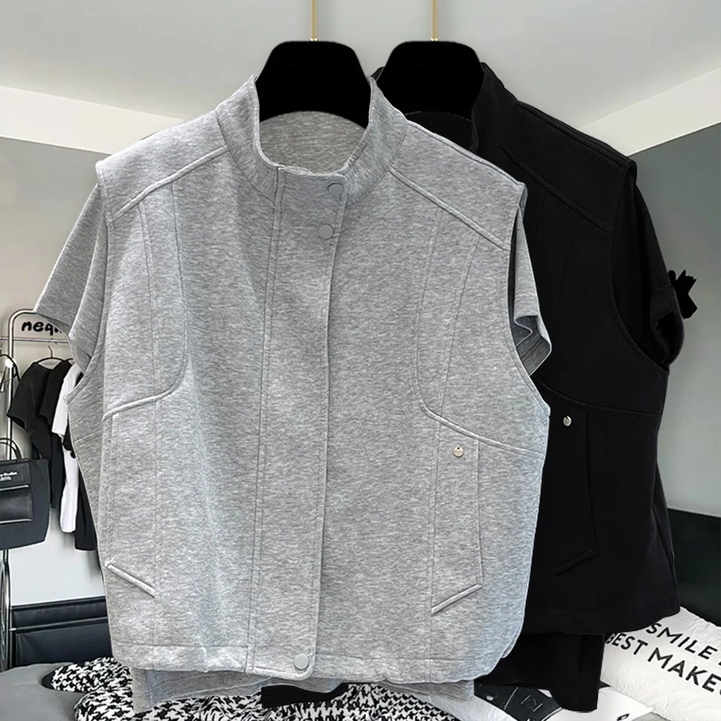 2026 New Men's Korean Style Zipper Stand Collar Vest Exposed Stitch Stereo Design Casual Slim Fit Sleeveless Jacket Coat