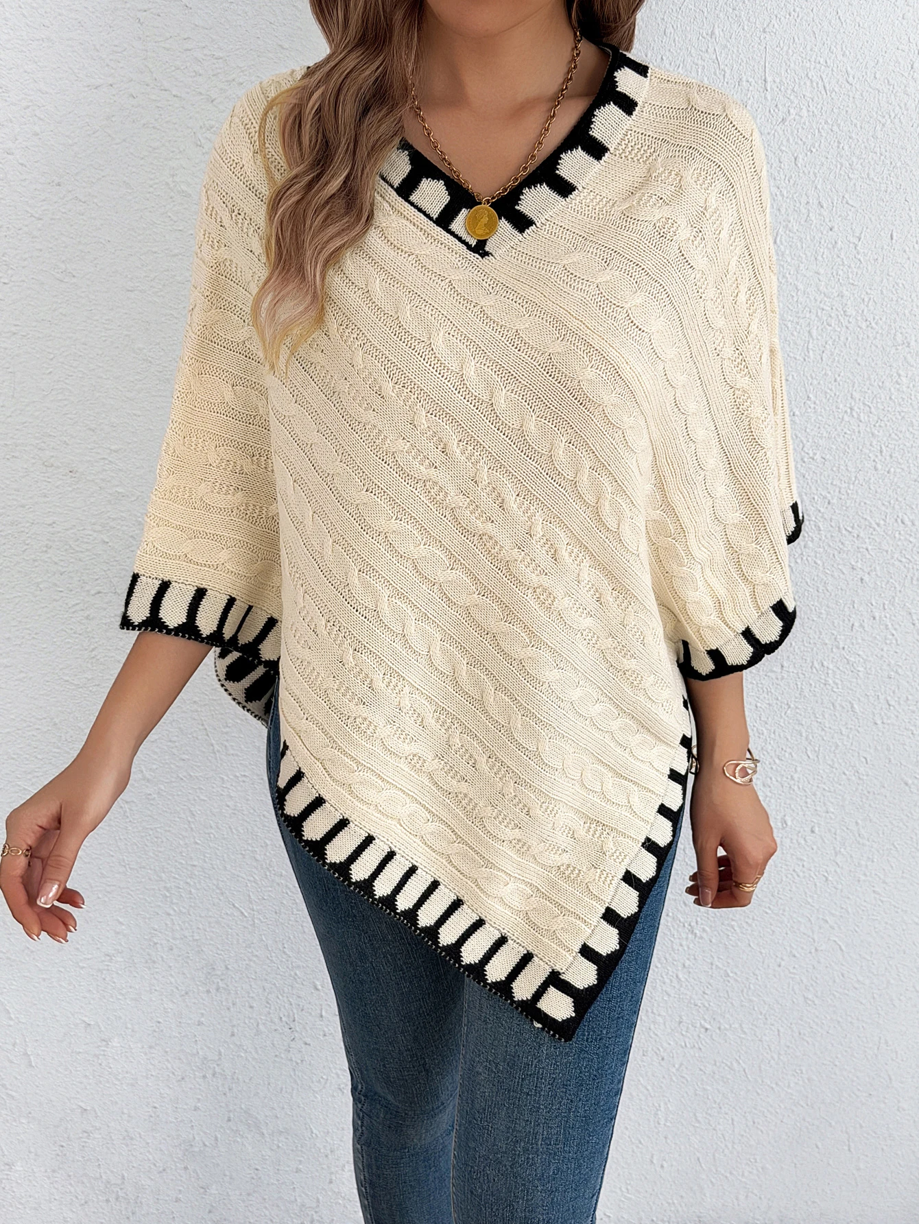 Autumn Winter Casual V Neck Color Block Trim Cable Knitted Poncho Sweater 2026 Fashion Loose Shawl Pullover Women Clothes