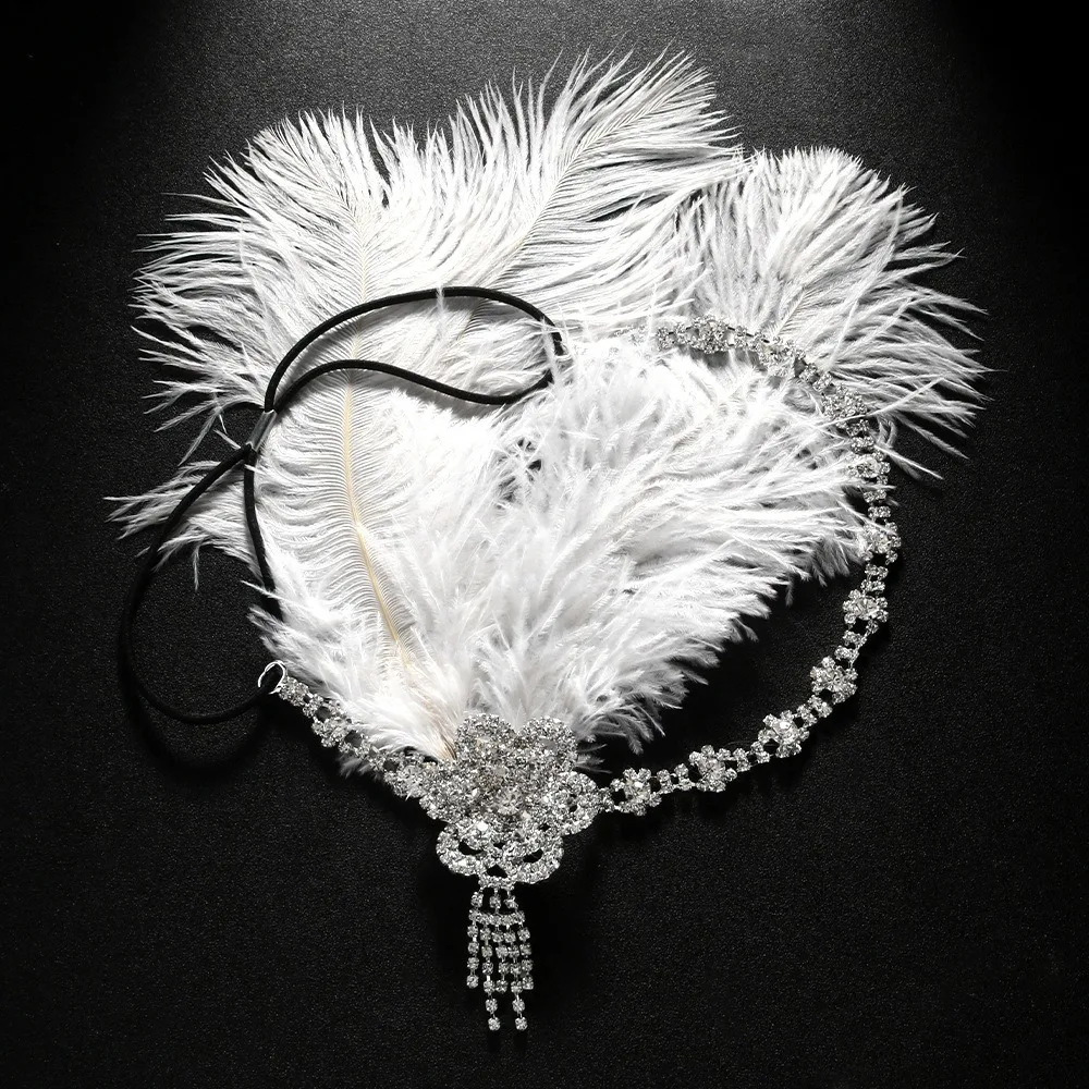 

Retro Vintage Feather Headband Sequin Zircon Cosplay Dress Headwear Rhinestone Tassel Masquerade Hair Band Women