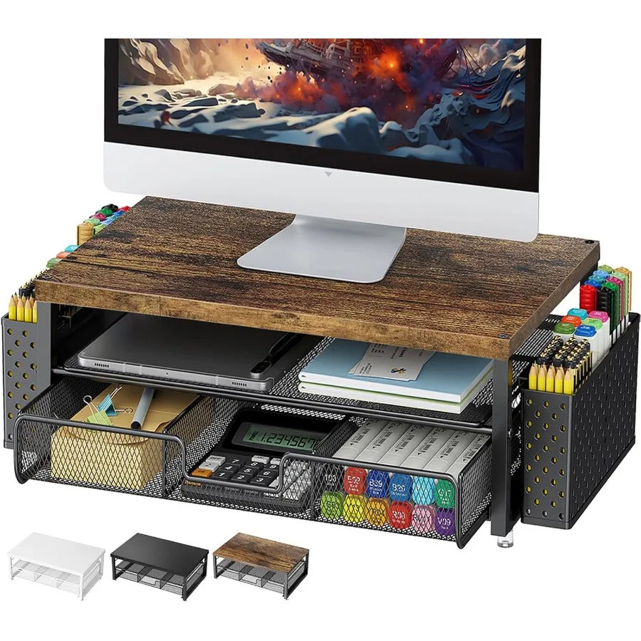 

gianotter Monitor Stand Riser Office Desk Shelf Organizer Desk Organizer with Drawer and Pen Holder 2Tier Computer Stand Office