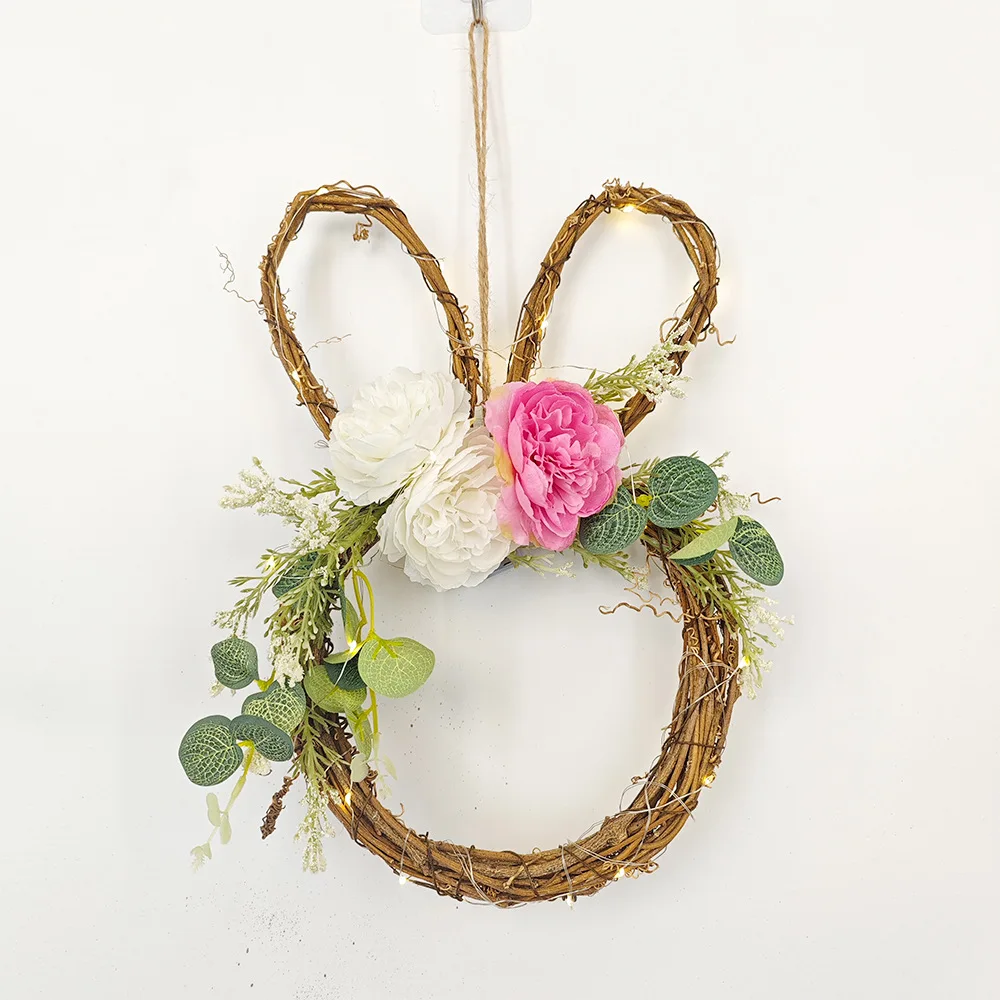 

2024 Easter Bunny Flower Wreath Spring Summer Simulation Flower Wreath Festival Home Door Hanging Decoration Garland 32*22cm