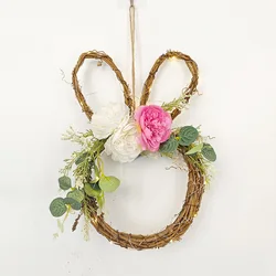 2024 Easter Bunny Flower Wreath Spring Summer Simulation Flower Wreath Festival Home Door Hanging Decoration Garland 32*22cm