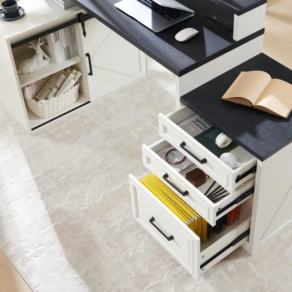 Biurko do domowego biura, nowoczesne biurko komputerowe w stylu farmhouse z szafką na dokumenty Letter T4 F4 Legal, biurko do nauki i pisania, 170 cm, odcień bieli