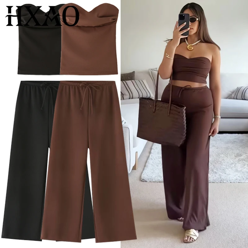 HXAO Conjuntos de pantalones con volantes Conjunto de dos piezas para mujer Conjunto de top de tubo sin tirantes y espalda descubierta Traje elegante con cordones Pantalones de pierna ancha Conjuntos de trajes