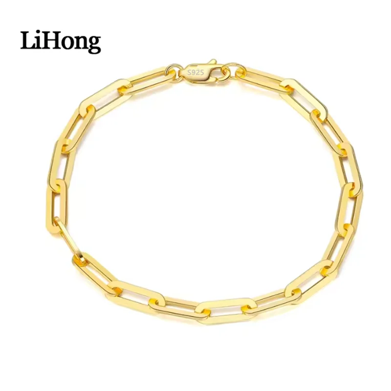 Lihong Genuine S925 Sterling Silver Italian Paperclip Link Chain Bracelet for Women Trendy Silver Hand Bracelet Jewelry