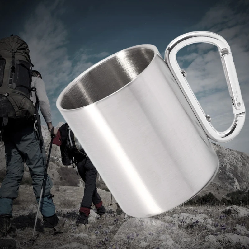 220ml Travel Mug with D-Ring Carabiner Hook Handle Water Coffee Cup for Camping R66E