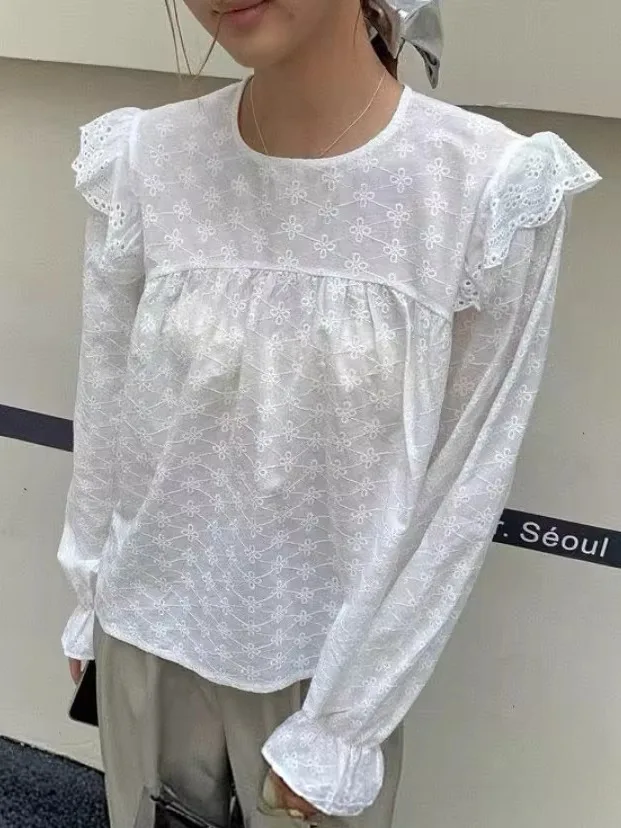 

Женский длинный топ из хлопка с вышивкой, свободного кроя, с кружевом, элегантный, стройнящий, с рукавами-крылышками