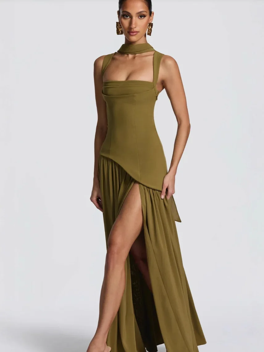 Ele High Waist Maxi Dr Color Blo Sexy Tie Waist Asymmetrical Slit Vaion Dr Military een Formal Dr