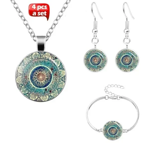 

Vintage Gemstone Metal Necklace Bracelet Drop Earrings Ladies Fashion Flower Necklace Bracelets Earrings Ladies Jewelry Set