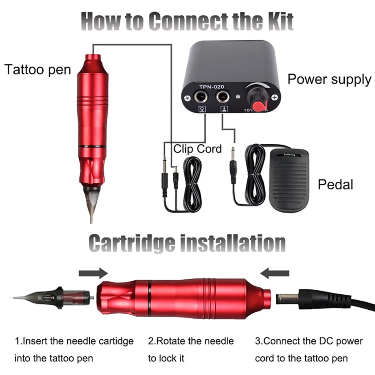

JAS-Tattoo Kit Complete Set Wireless Rotary Tattoo Machine Pen Kit DC Interface with Needles US Plug, Red