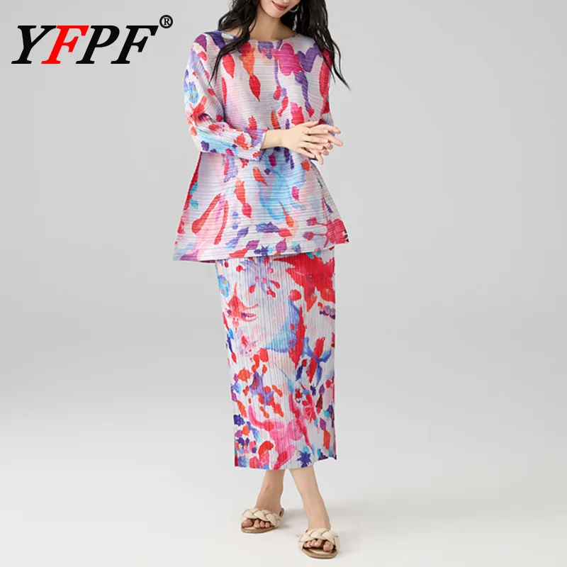 

YFPF Printing Design Women Two Piece Set Miyake Pleated Long Sleeve T-shirt + Skirt Elegant 2025 New Clothing Fashion Sets