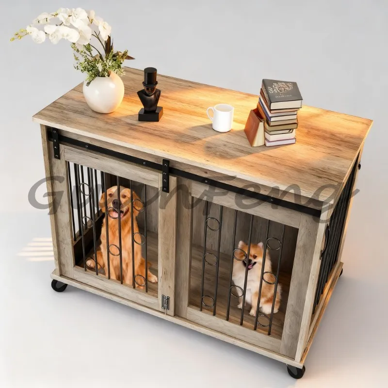 Wooden Dog Crate Pet House with Custom Bed Cushion Two‑Door Modern Indoor Wood Dog Furniture