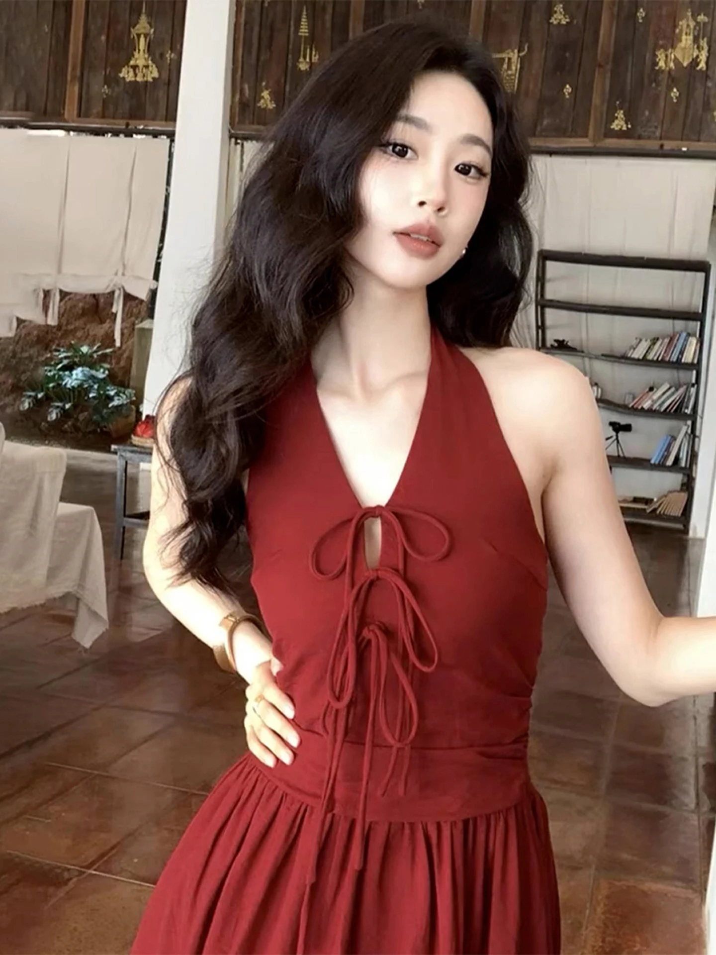 Rouge v-ne suspendu Ne Dr femmes été 2025 nouveau Design sensuel épicé taille couchée longue Dr doux japonais Sle