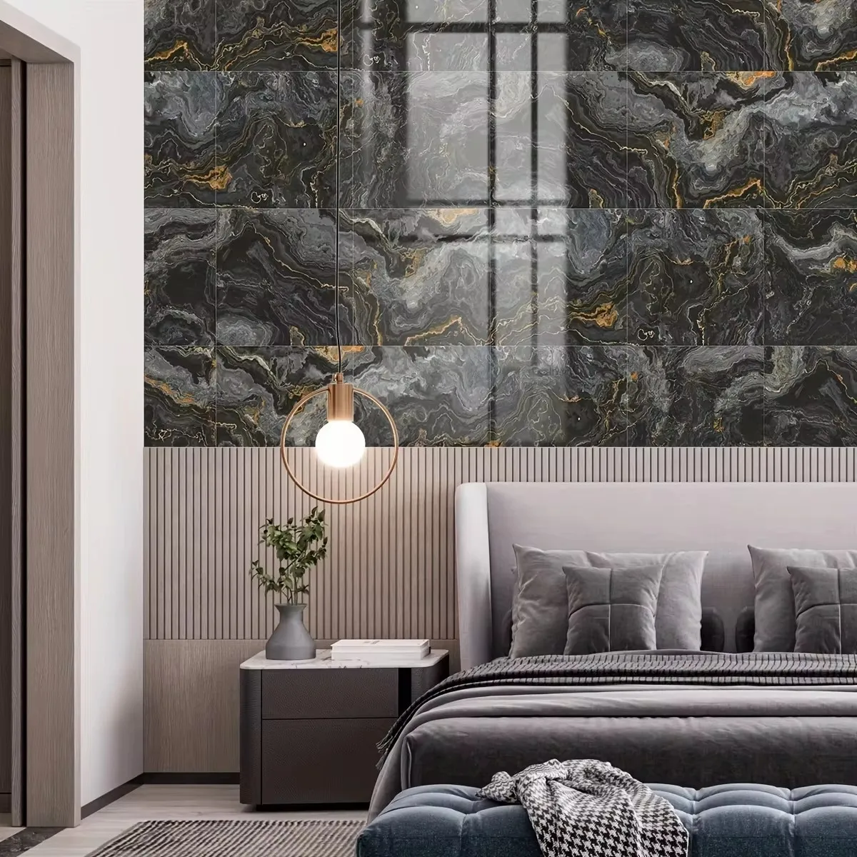 12PCS Black Marble Gold Crackle Pattern Thickened Moisture-proof Waterproof Scratch-resistant Self-adhesive Removable Wallpaper