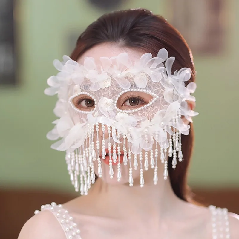 

Off White Full Mask Goddess Makeup Ball Party Sexy Tassel Masks Halloween props Costume Accessory